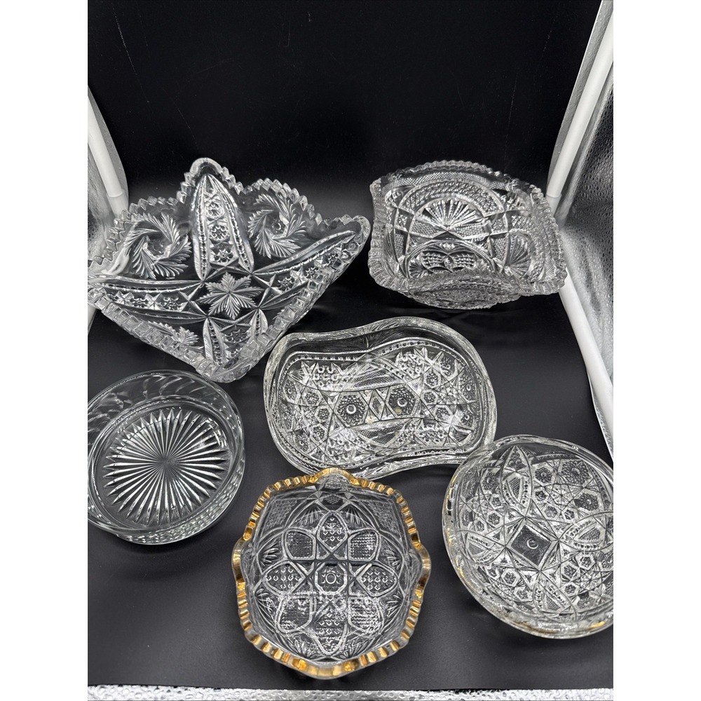 Vintage Pressed & Cut Glass Lot of 6 – Crystal Bowls, Candy Dishes, Relish Trays